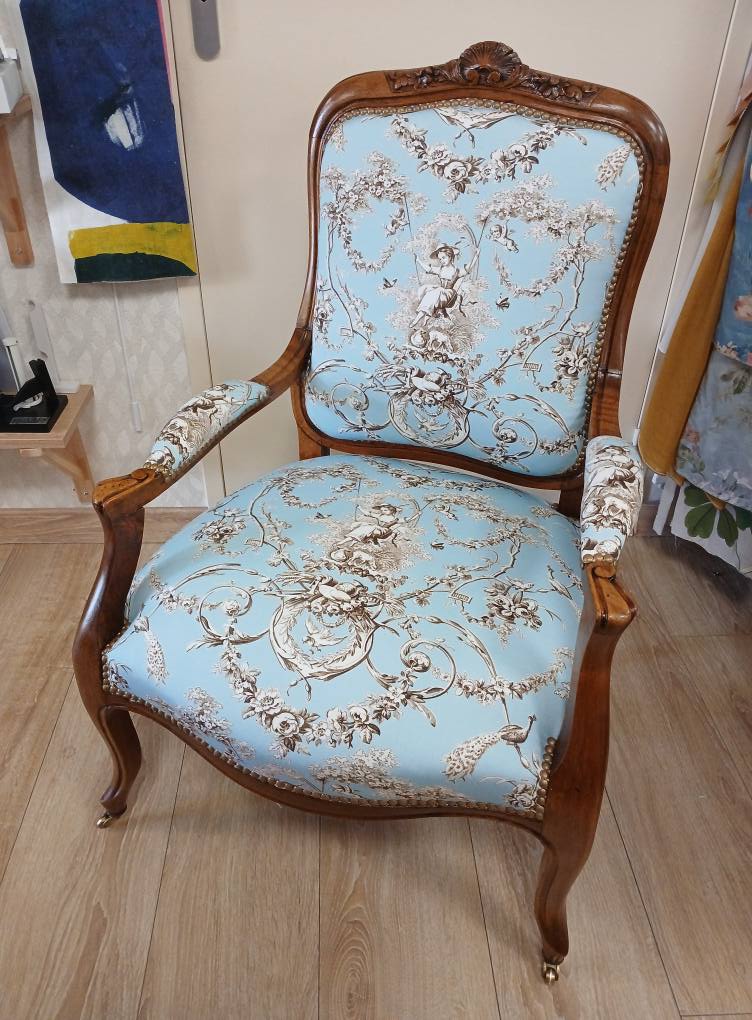 Fauteuil Louis XV toile de Jouy